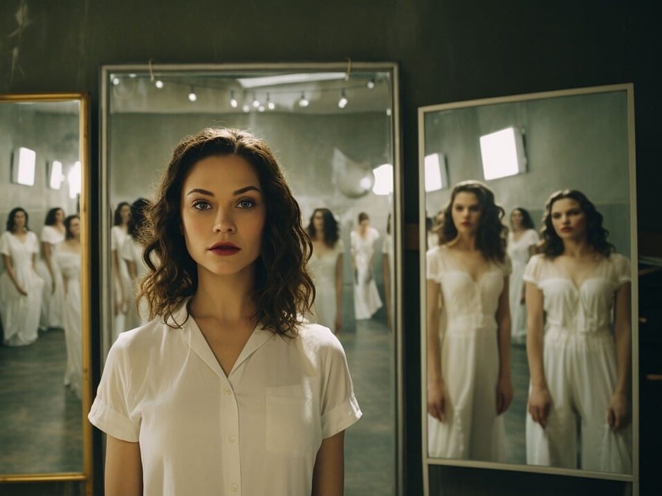 Numerous different people reflected in a collection of mirrors.