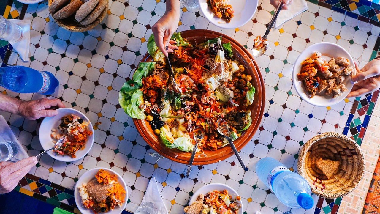 people eating food.